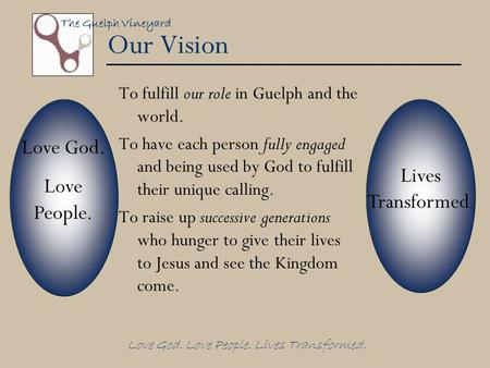 The Guelph Vineyard Love God. Love People. Lives Transformed. Our Vision To fulfill our role in Guelph and the world. To have each person fully engaged.