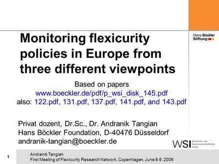 Andranik Tangian First Meeting of Flexicurity Research Network, Copenhagen, June 8-9, 2006 1 Monitoring flexicurity policies in Europe from three different.
