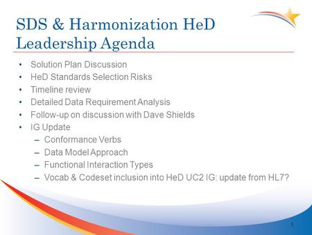 SDS & Harmonization HeD Leadership Agenda Solution Plan Discussion HeD Standards Selection Risks Timeline review Detailed Data Requirement Analysis Follow-up.