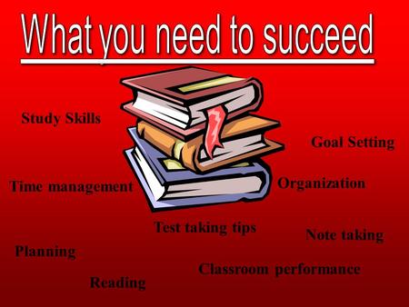 Study Skills Goal Setting Planning Organization Test taking tips Classroom performance Reading Note taking Time management.
