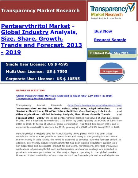 Transparency Market Research Pentaerythritol MarketPentaerythritol Market - Global IndustryGlobal Industry Analysis, Size, Share, Growth, Trends and Forecast,