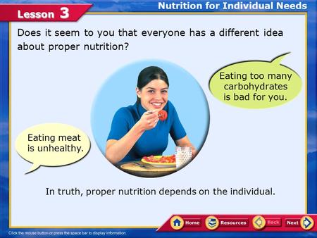 Lesson 3 Eating meat is unhealthy. Does it seem to you that everyone has a different idea about proper nutrition? Nutrition for Individual Needs In truth,