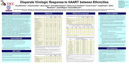 Disparate Virologic Response to HAART between Ethnicities Amy Weintrob 1,2, Greg Grandits 2,3, Brian Agan 2,4, Anuradha Ganesan 2,5, Nancy Crum-Cianflone.
