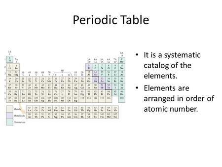 Periodic Table It is a systematic catalog of the elements. Elements are arranged in order of atomic number.