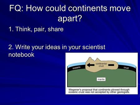 FQ: How could continents move apart? 1. Think, pair, share 2. Write your ideas in your scientist notebook.