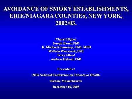 AVOIDANCE OF SMOKY ESTABLISHMENTS, ERIE/NIAGARA COUNTIES, NEW YORK, 2002/03. Cheryl Higbee Joseph Bauer, PhD K. Michael Cummings, PhD, MPH William Wieczorek,