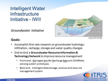 CITRIS 2011 Intelligent Water Infrastructure Initiative - IWII Groundwater Initiative Goals: Accomplish first-rate research on groundwater hydrology: infiltration,