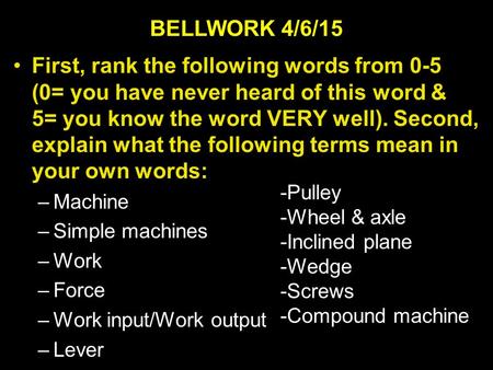 First, rank the following words from 0-5 (0= you have never heard of this word & 5= you know the word VERY well). Second, explain what the following terms.
