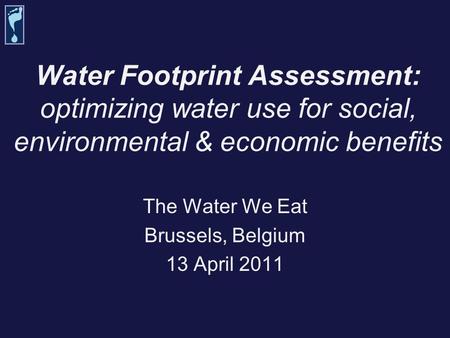 Water Footprint Assessment: optimizing water use for social, environmental & economic benefits The Water We Eat Brussels, Belgium 13 April 2011.