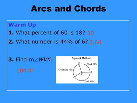 Arcs and Chords Warm Up 1. What percent of 60 is 18?