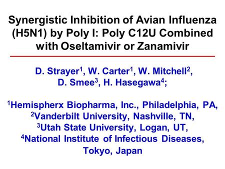 Synergistic Inhibition of Avian Influenza (H5N1) by Poly I: Poly C12U Combined with Oseltamivir or Zanamivir D. Strayer 1, W. Carter 1, W. Mitchell 2,