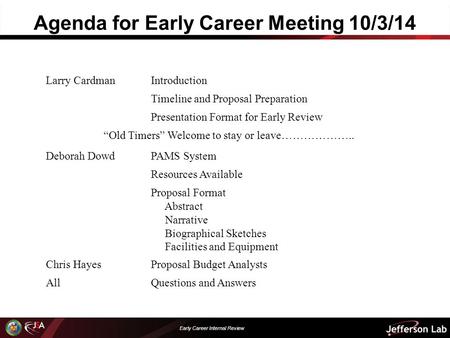 Agenda for Early Career Meeting 10/3/14