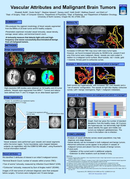 Vascular Attributes and Malignant Brain Tumors MICCAI November 2003 CONCLUSIONS References: [1] Aylward S, Bullitt E (2002) Initialization, noise, singularities.