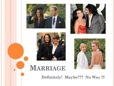 M ARRIAGE Definitely! Maybe??? No Way !!!. W HY DO PEOPLE GET M ARRIED ??? Activity: In your groups, create a list of all the reasons you can think of.