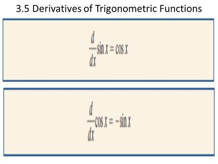3.5 Derivatives of Trigonometric Functions. Revisiting the Differentiation Rules Find the derivatives of (a) y = x²sinx and (b) y = cosx / (1 – sinx).