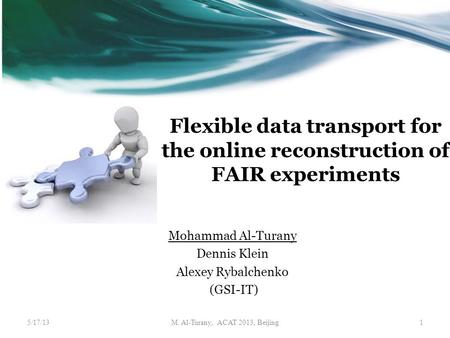 Flexible data transport for the online reconstruction of FAIR experiments Mohammad Al-Turany Dennis Klein Alexey Rybalchenko (GSI-IT) 5/17/13M. Al-Turany,