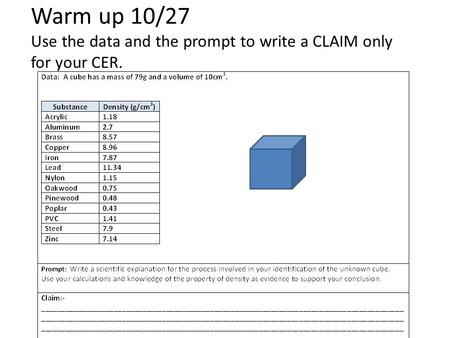 Warm up 10/27 Use the data and the prompt to write a CLAIM only for your CER.