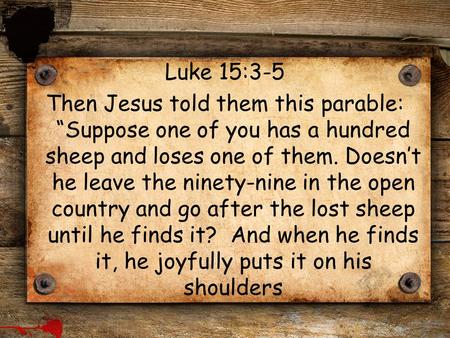 Luke 15:3-5 Then Jesus told them this parable: “Suppose one of you has a hundred sheep and loses one of them. Doesn’t he leave the ninety-nine in the.