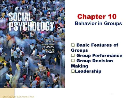 1 Chapter 10 Chapter 10 Behavior in Groups Taylor, Copyright 2006, Prentice Hall  Basic Features of Groups  Group Performance  Group Decision Making.