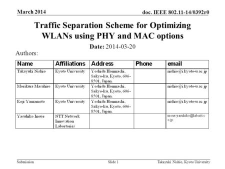 Submission doc. IEEE 802.11-14/0392r0 March 2014 Takayuki Nishio, Kyoto UniversitySlide 1 Traffic Separation Scheme for Optimizing WLANs using PHY and.