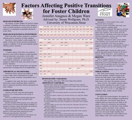 Factors Affecting Positive Transitions for Foster Children Factors Affecting Positive Transitions for Foster Children Jennifer Anagnos & Megan Ware Advised.