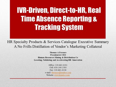 HR Specialty Products & Services Catalogue Executive Summary