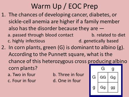 Warm Up / EOC Prep The chances of developing cancer, diabetes, or sickle-cell anemia are higher if a family member also has the disorder because they are.