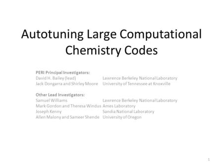 Autotuning Large Computational Chemistry Codes PERI Principal Investigators: David H. Bailey (lead)Lawrence Berkeley National Laboratory Jack Dongarra.