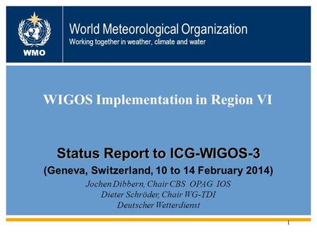 World Meteorological Organization Working together in weather, climate and water WIGOS Implementation in Region VI WMO Jochen Dibbern, Chair CBS OPAG IOS.