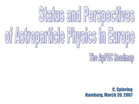 C. Spiering Hamburg, March 20, 2007.  „Astroparticle Physics European Coordination“  Founded 2001 (originally 6, now 13 countries)  Why ApPEC ?  Astroparticle.