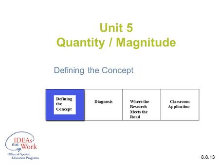 Unit 5 Quantity / Magnitude Defining the Concept Defining the Concept DiagnosisWhere the Research Meets the Road Classroom Application 8.8.13.