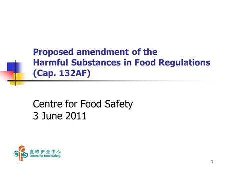 1 Proposed amendment of the Harmful Substances in Food Regulations (Cap. 132AF) Centre for Food Safety 3 June 2011.
