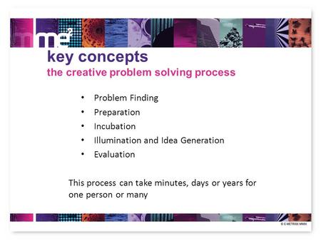 Key concepts the creative problem solving process Problem Finding Preparation Incubation Illumination and Idea Generation Evaluation This process can take.
