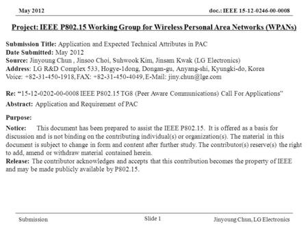 May 2012doc.: IEEE 15-12-0246-00-0008 SubmissionJinyoung Chun, LG Electronics Project: IEEE P802.15 Working Group for Wireless Personal Area Networks (WPANs)
