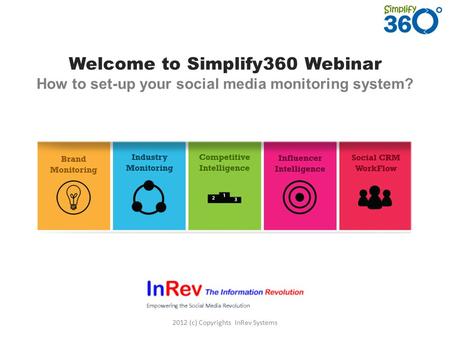Welcome to Simplify360 Webinar How to set-up your social media monitoring system? 2012 (c) Copyrights InRev Systems.