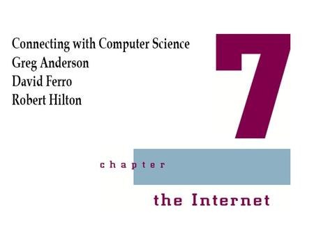 Connecting with Computer Science 2 Objectives Learn what the Internet really is Become familiar with the architecture of the Internet Become familiar.
