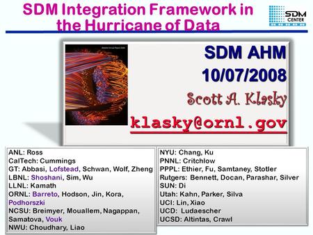Scott Klasky SDM Integration Framework in the Hurricane of Data SDM AHM 10/07/2008 Scott A. Klasky ANL: Ross CalTech: Cummings GT: Abbasi,