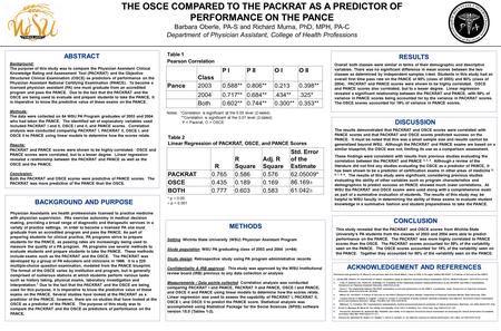 THE OSCE COMPARED TO THE PACKRAT AS A PREDICTOR OF PERFORMANCE ON THE PANCE Barbara Oberle, PA-S and Richard Muma, PhD, MPH, PA-C Department of Physician.