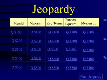 Jeopardy MendelMeiosisKey Terms Punnett Squares Meiosis II Q $100 Q $200 Q $300 Q $400 Q $500 Q $100 Q $200 Q $300 Q $400 Q $500 Final Jeopardy.