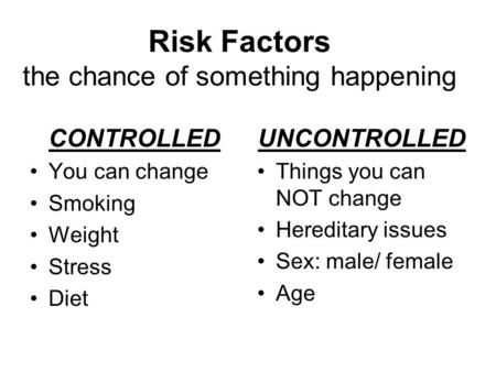 Risk Factors the chance of something happening CONTROLLED You can change Smoking Weight Stress Diet UNCONTROLLED Things you can NOT change Hereditary issues.