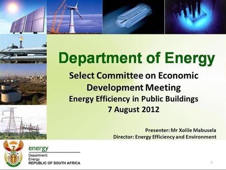 Select Committee on Economic Development Meeting Energy Efficiency in Public Buildings 7 August 2012 Presenter: Mr Xolile Mabusela Director: Energy Efficiency.
