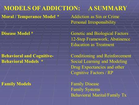 Moral / Temperance Model*Addiction as Sin or Crime Personal Irresponsibility Disease Model *Genetic and Biological Factors 12-Step Framework; Abstinence.