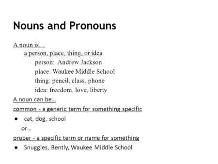 Nouns and Pronouns A noun is… a person, place, thing, or idea