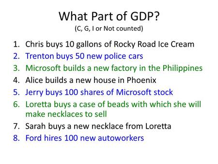 What Part of GDP? (C, G, I or Not counted) 1.Chris buys 10 gallons of Rocky Road Ice Cream 2.Trenton buys 50 new police cars 3.Microsoft builds a new factory.