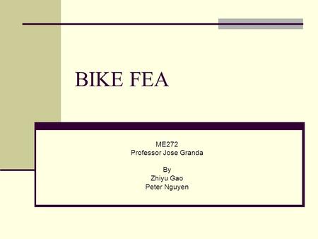BIKE FEA ME272 Professor Jose Granda By Zhiyu Gao Peter Nguyen.