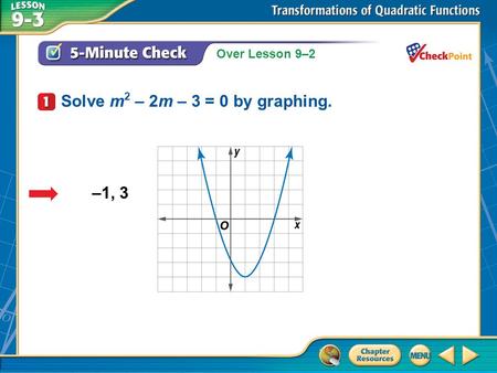 Over Lesson 9–2 A.A B.B C.C D.D 5-Minute Check 1 –1, 3 Solve m 2 – 2m – 3 = 0 by graphing.