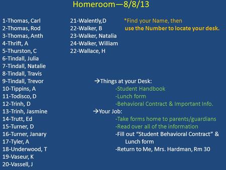 Homeroom—8/8/13 1-Thomas, Carl 21-Walently,D *Find your Name, then