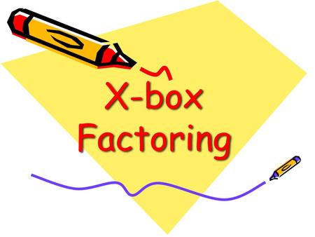 X-box Factoring. X- Box 3-9 Product Sum X-box Factoring This is a guaranteed method for factoring quadratic equations—no guessing necessary! We will.