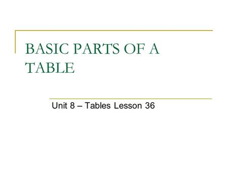 BASIC PARTS OF A TABLE Unit 8 – Tables Lesson 36.