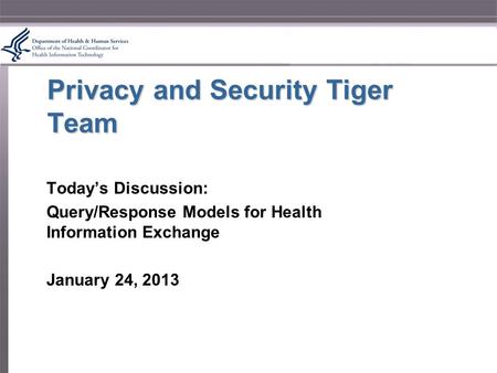 Privacy and Security Tiger Team Today’s Discussion: Query/Response Models for Health Information Exchange January 24, 2013.